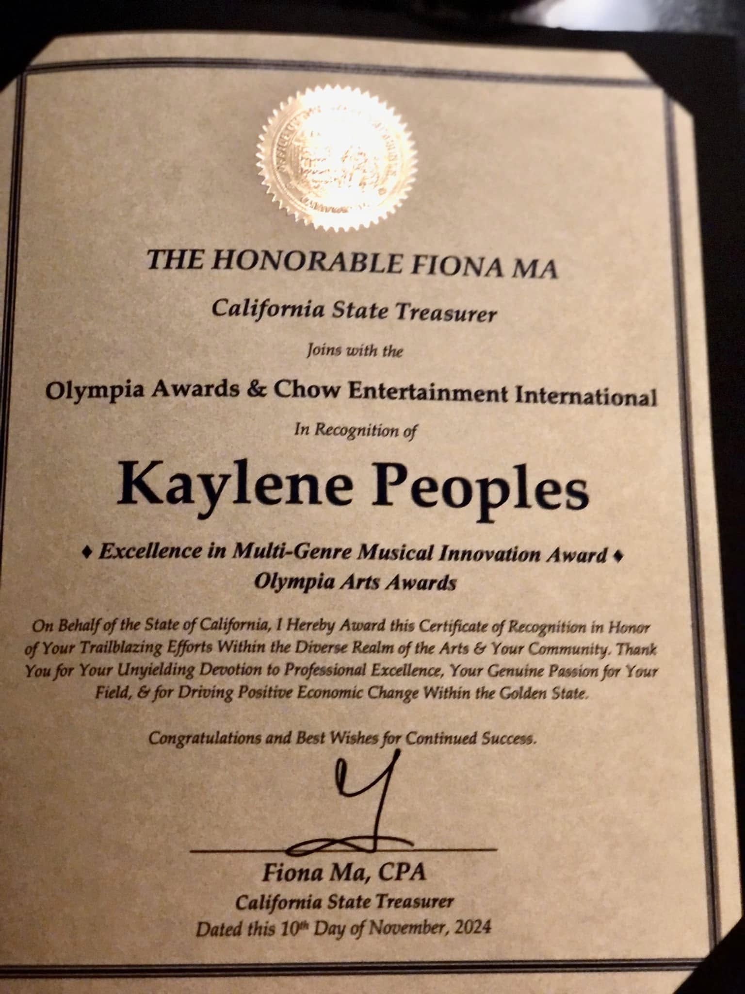 2024-Olympia-Arts-Awards-Signed-by-State-Legislature: Kaylene-Peoples-is-honored-for-Excellence-in-Multi-Genre-Musical-Innovation" 